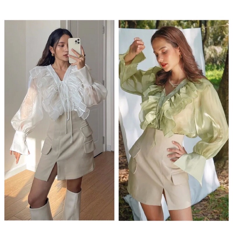 NTTGM - White , Green Organza Ruffle Neck Blouse