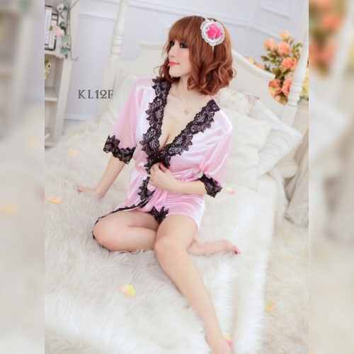 [SIAP KIRIM] BAJU TIDUR KIMONO SLEEPWEAR KIMONO SATIN PINK KL12F