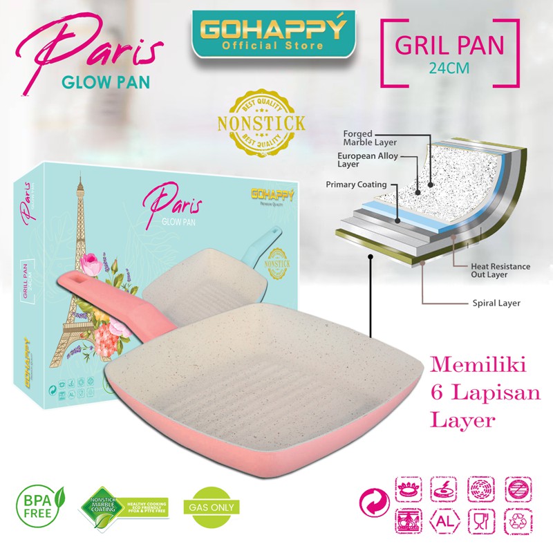 Gohappy Panci Paris Grill Pan Glow Pan GHP15 Alat panggang square marble putih