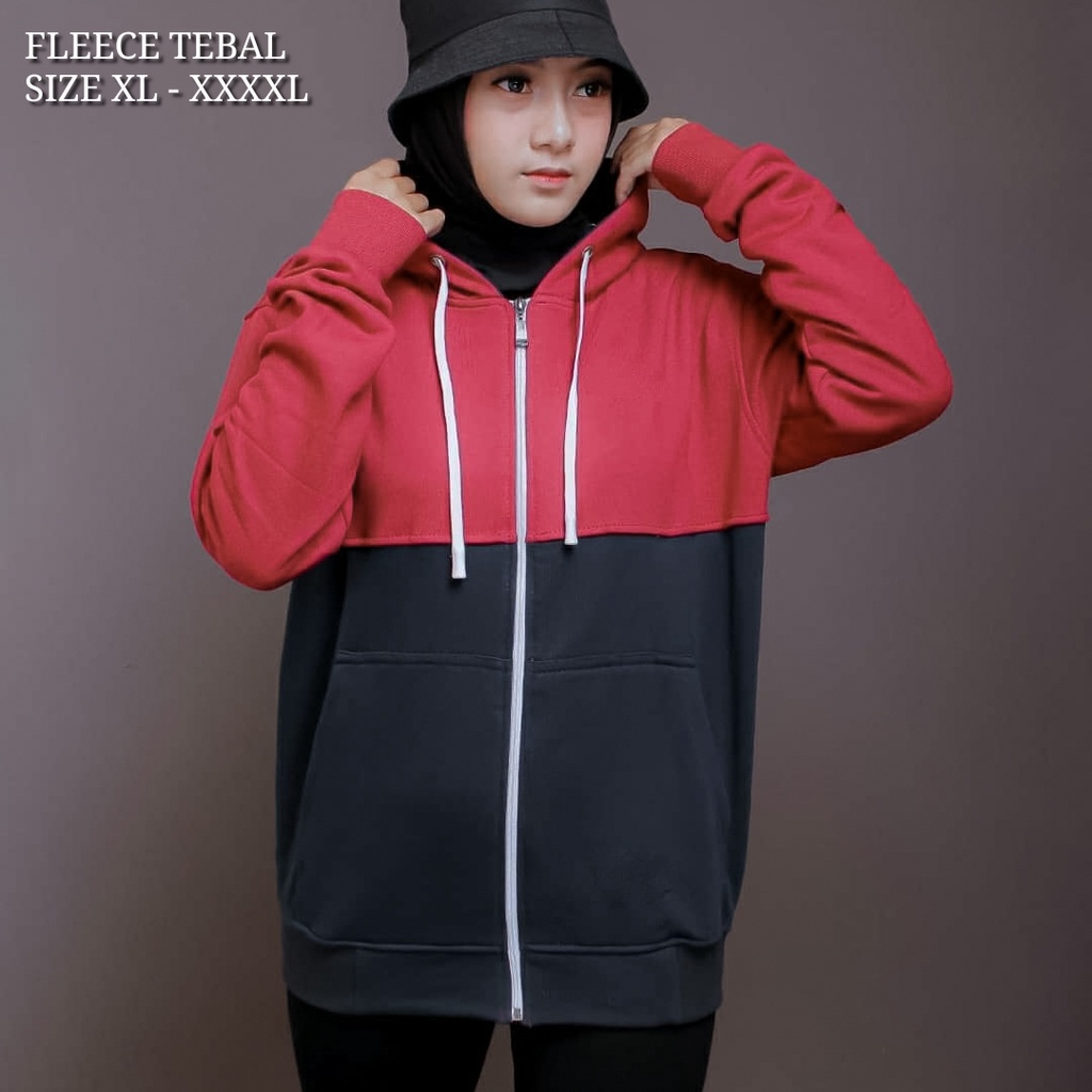 Jaket Big Size Pria Wanita Jumbo Oversize XL XXL XXXL Murah Cewek Cowok Zipper Kombinasi Merah Hitam