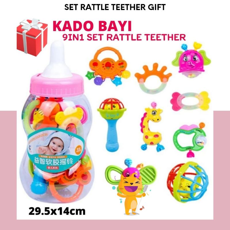 9in1 Rattle Teether Bayi Set Kado Dengan Botol Susu Besar