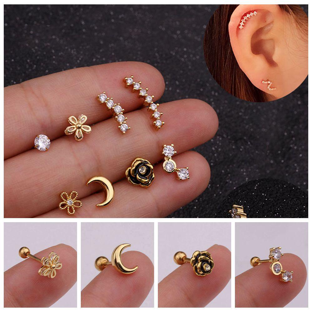 Preva 1PC Anting Tindik Charm Silver/Gold Bunga Mawar Bulan Gelombang Helix Tragus Studs