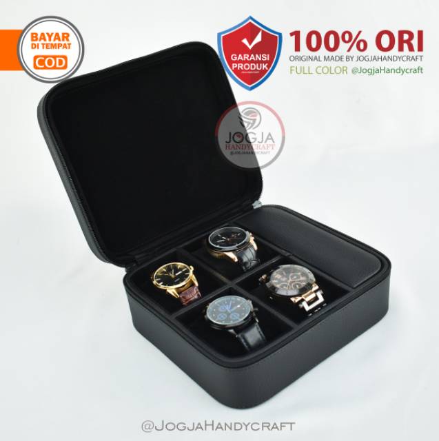 Full Black - Travel Watch Box Kotak Tempat Jam Tangan Sport 4 slot + 1 Slot Multifungsi