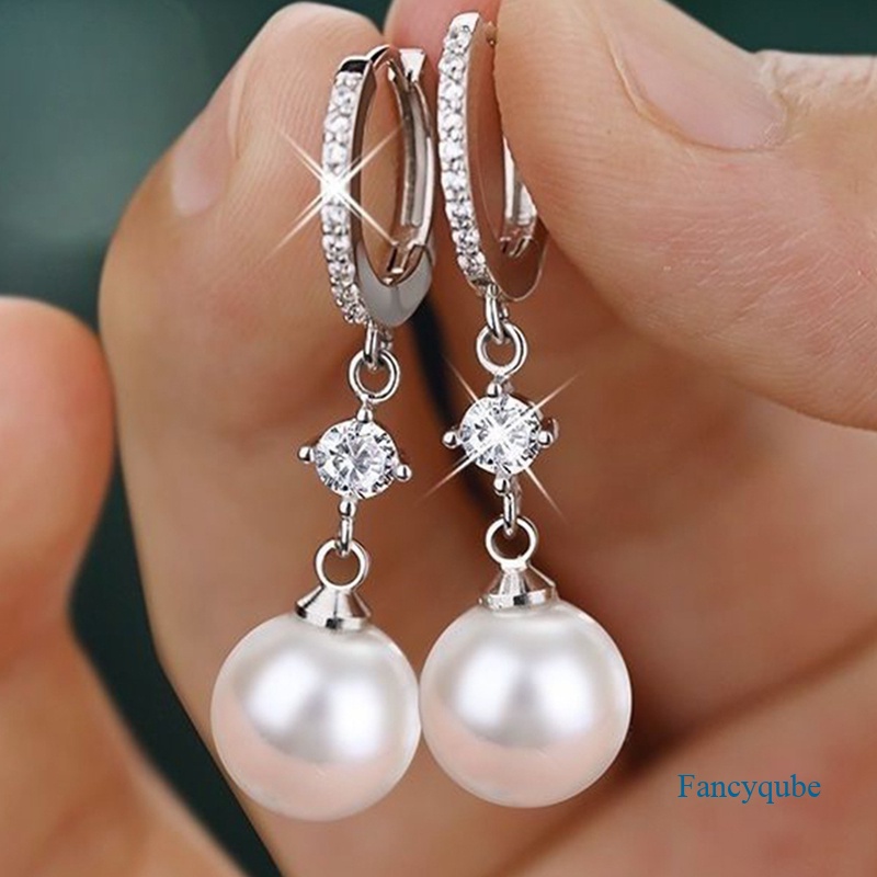 Fancyqube Anting Hoop Menjuntai Hias Mutiara Imitasi Warna Silver Untuk Wanita