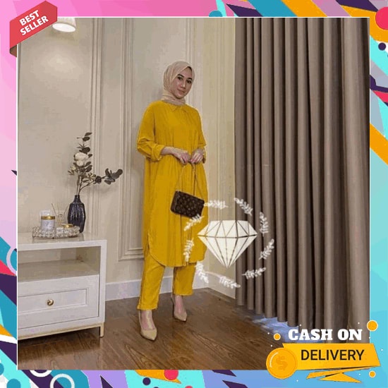 Olivia One Set | Busui Friendly | Bahan Wolfis Hq | Ootd Wanita Set |  Setelan Tunik Celana Wanita S