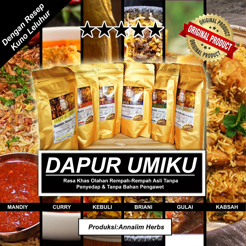 

Bumbu Dapur Umiku Nasi Kabsah Dapur Umiku 100gr Original Premium Alami 100% non MSG/Halal/Resep Arab Asli/Tanpa Pengawet plus resep didalam