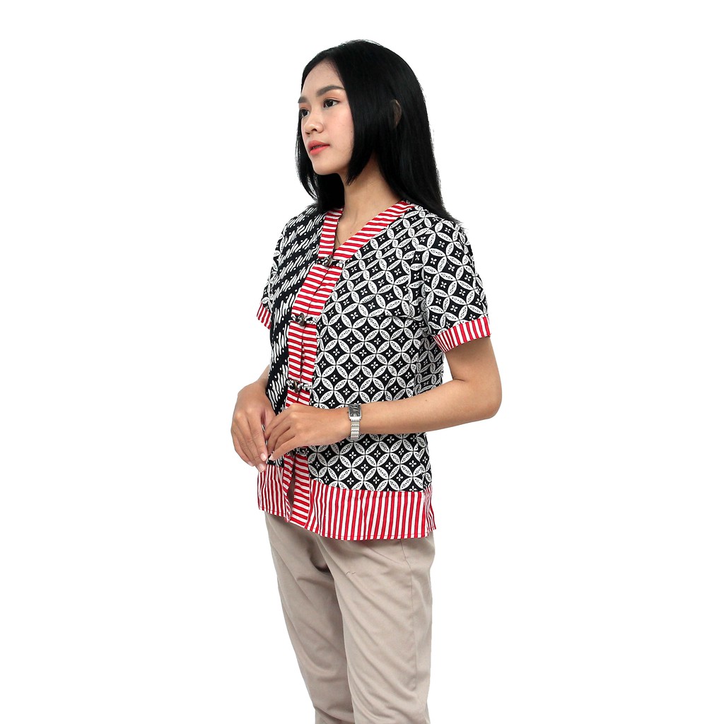 Batik Wanita Atasan Blouse Modern Trendy Warna Hitam Kombinasi Merah by batik dua putri collection