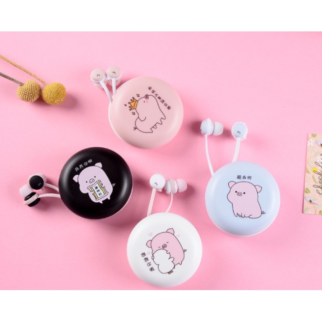 [E-129] / [E-153] Headset Earphone Karakter PIG PIGGY / Earphone + Wadah Earphone Motif Kartun Hewan BABI Lucu