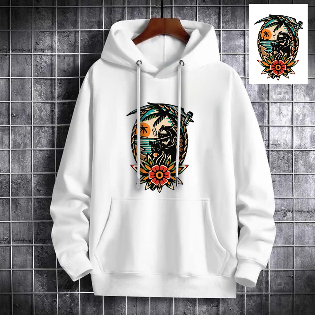 INDOSAN-SWEATER HOODIE BEACH SKULL-HOODIE DISTRO BAHAN FLEECE MOTIF GAMBAR DTF PRINTING-REAL PICT-BISA COD