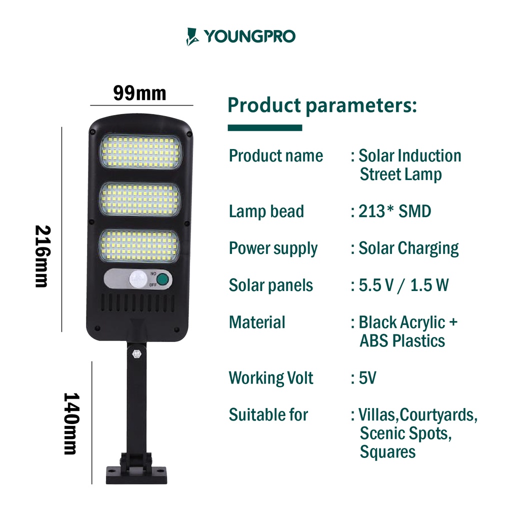 YOUNGPRO YCO-213 Lampu jalan solar 213 LED 3 Mode Dinding Tenaga Surya Lampu Outdoor