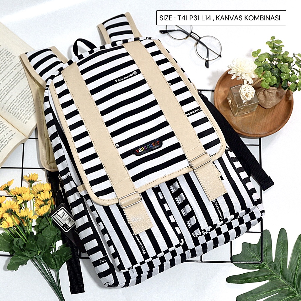 NEW ARRIVAL!! Tas Ransel Wanita Tas Jalan Jalan Tas Ransel wanita motif salur garis garis Tas Lokal Tas Fashion