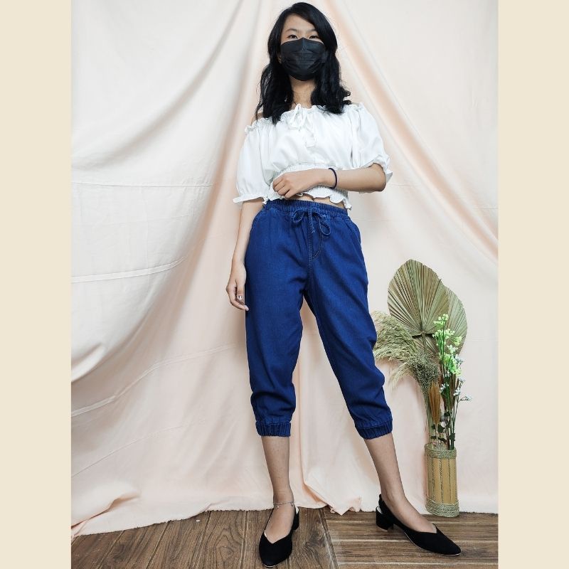 SB Collection Celana Widiya  7/8 Joger Jeans Midi Wanita Biru