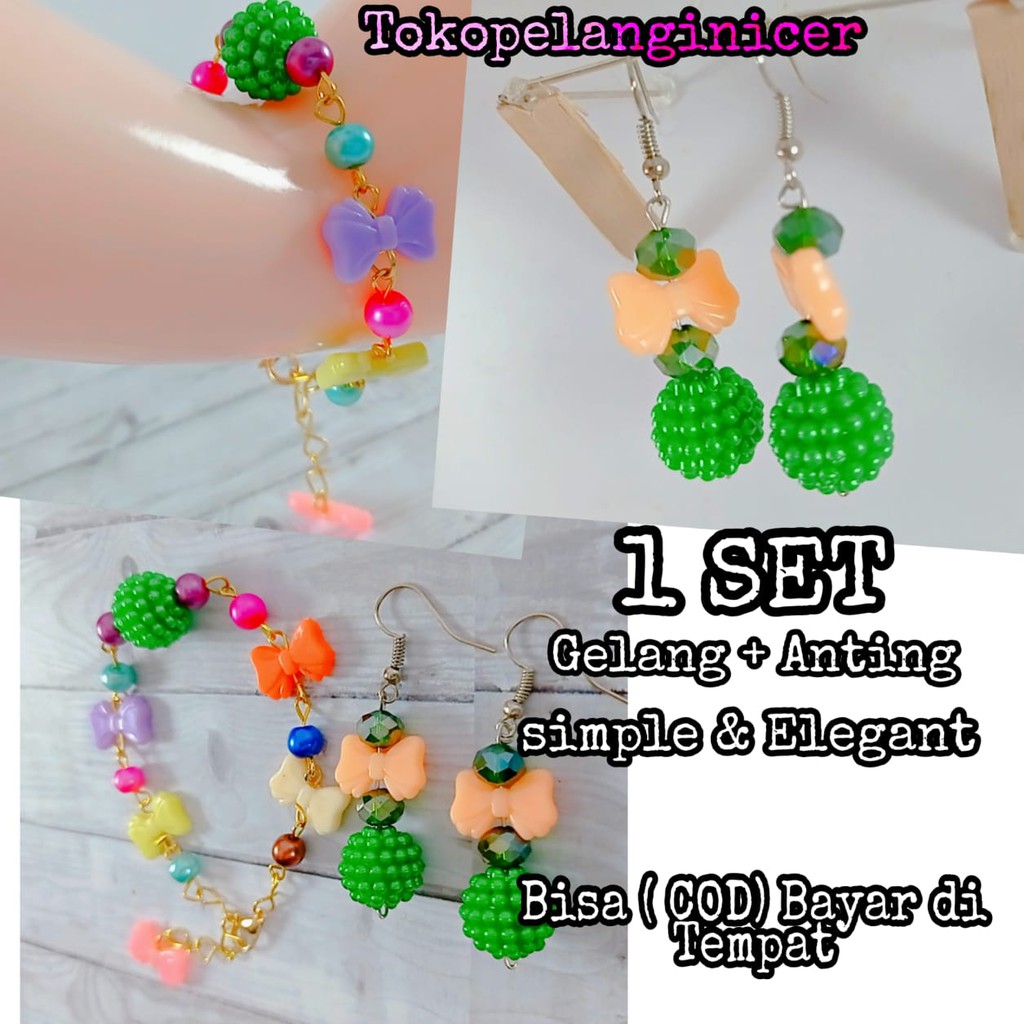 HARGA 1 SET  Anting + Gelang Handmade/anting kekinian/Gelang korea pastel By Tokopelanginicer