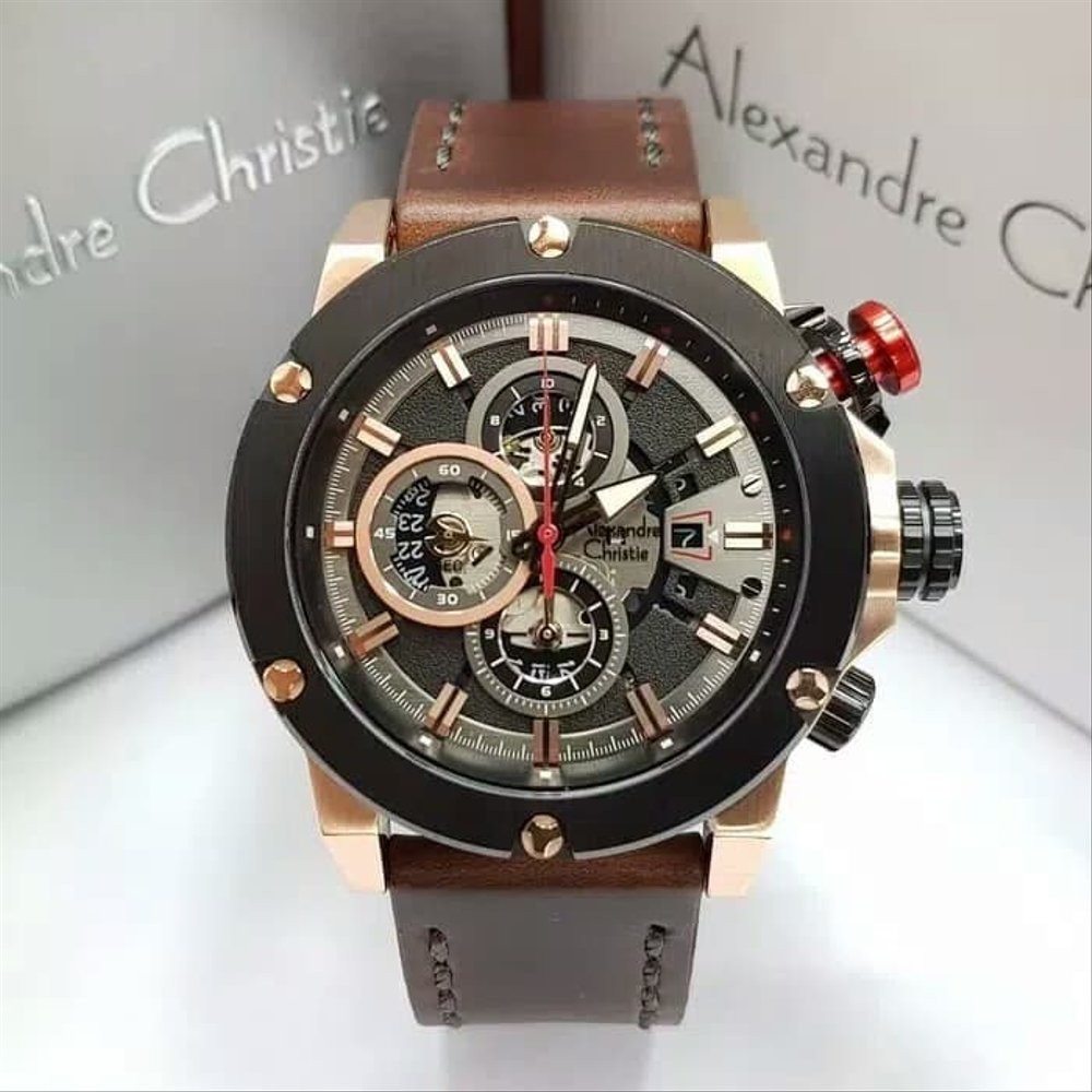 jam tangan pria cowok ALEXANDRE CHRISTIE AC 6491 PRIA ROSEGOLD BLACK LEATHER BROWN ORIGINAL Terlaris