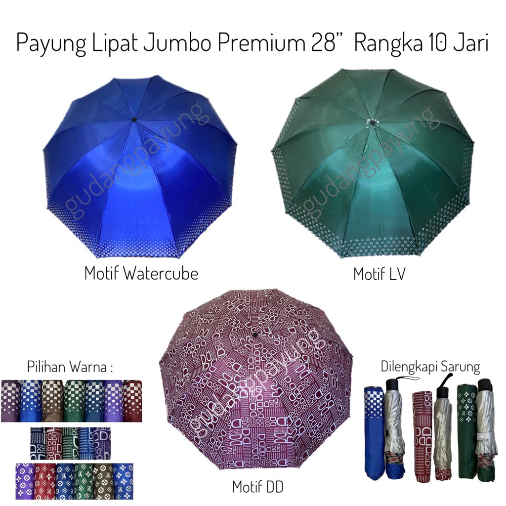 Payung Lipat 3 Jumbo 10 Jari Motif LV , DD dan Water Cube