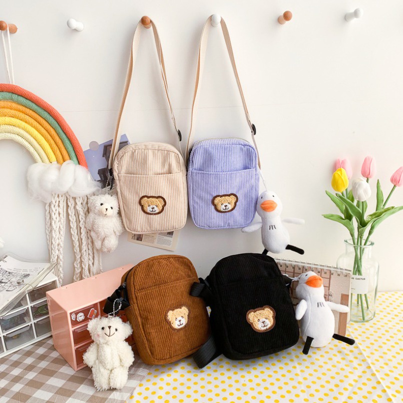 FINOM THEKLA - Tas Selempang Corduroy Mini Bear | Slingbag Wanita Remaja Cute Korean Style