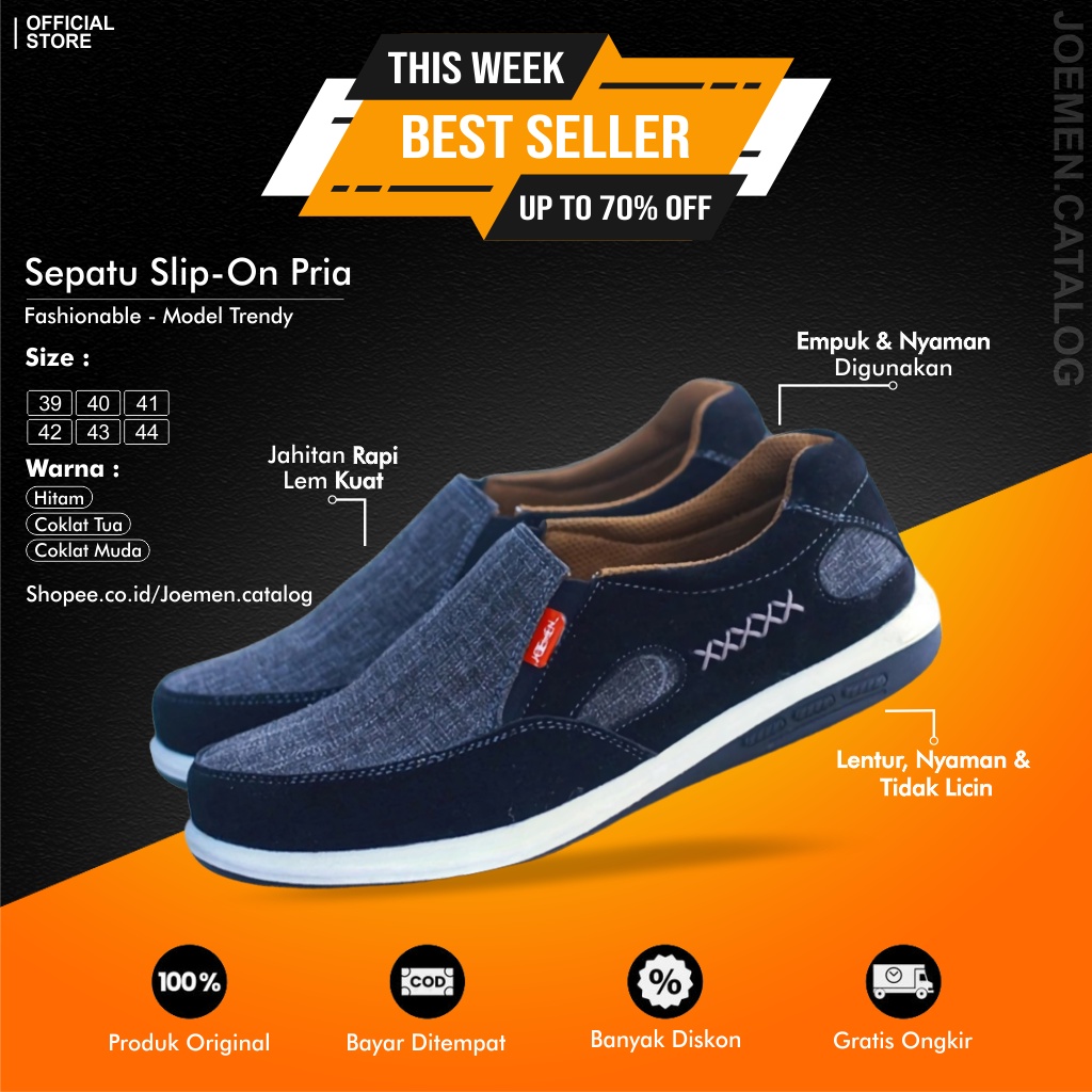 Sepatu Casual Pria Slip on Original Import Tanpa Tali J 54 | Sepatu Selop Pria | Sepatu Slop Cowok