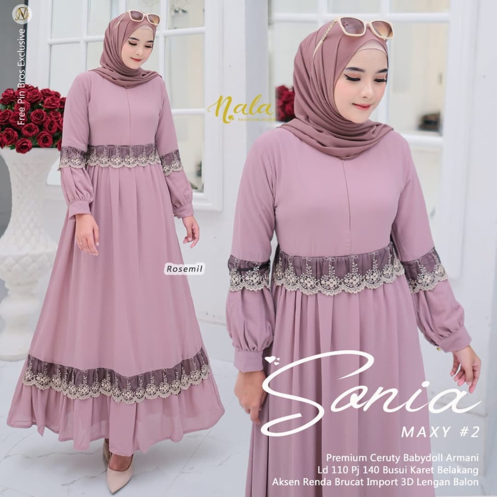 Sonia Maxy Gamis Malaysia Terbaru Dress Ceruty Aplikasi Renda Bunga Pakaian Busui Fashion Muslim Gamis Pesta Mewah