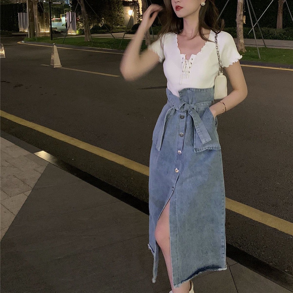 Rok Denim Ramping Pinggang Retro Gaya Korea Wanita