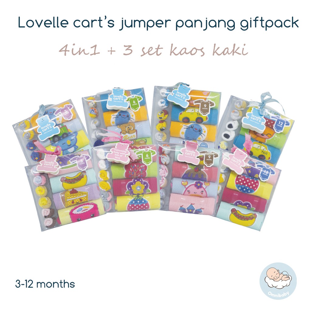 Lovelle cart's jumper panjang bayi laki/bayi perempuan giftpack 4in1 + 3 set kaos kaki (0-12 bulan)