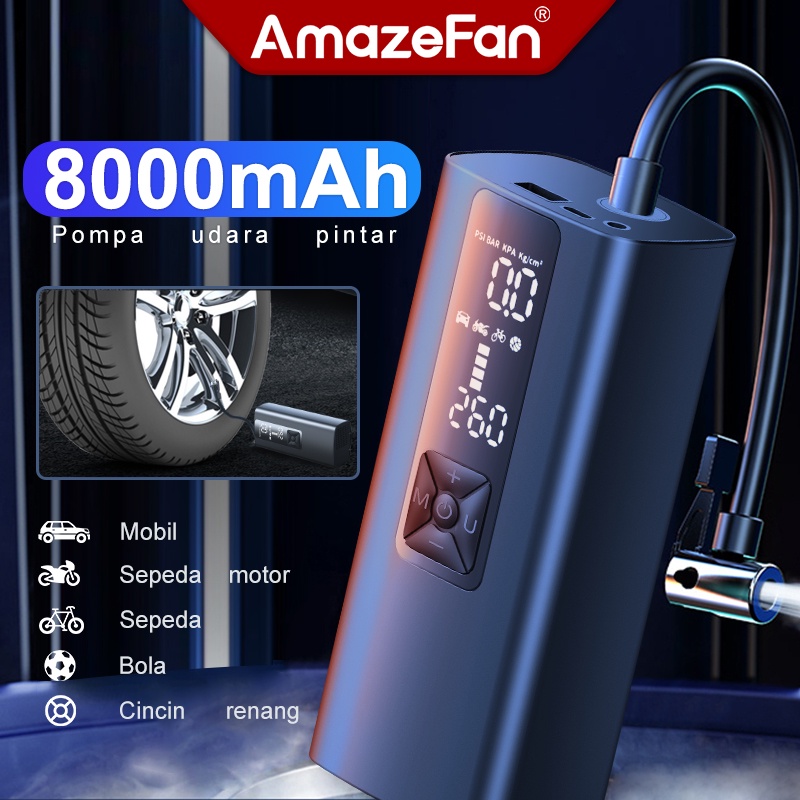 Amazefan Pompa Ban Mobil Truk Motor Elektrik Cek Tekanan kompresor mini Angin Digital 8000mAh Inflator Pompa Mobil Elektrik compresor mini Serba Guna Portable 150PSI Air Compressor Pompa listrik Ban aksesoris mobil/motor