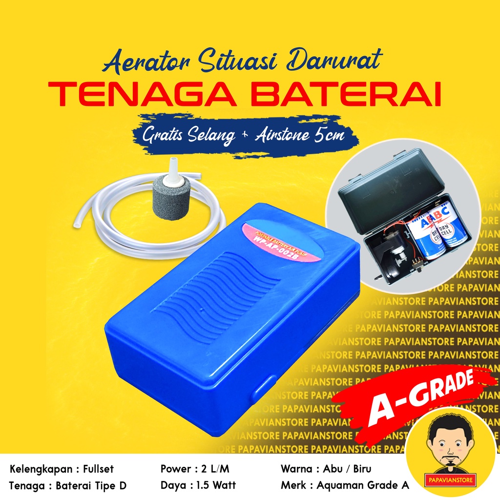 Pompa Aerator Udara Oksigen ACDC Otomatis Air Bubble Aquarium Kolam Ikan Hias Koi AC - DC Pencipta Microbubble Portable Gelembung DO Tenaga Baterai Tahan 8 Jam Darurat Mati Listrik Low 2 Watt