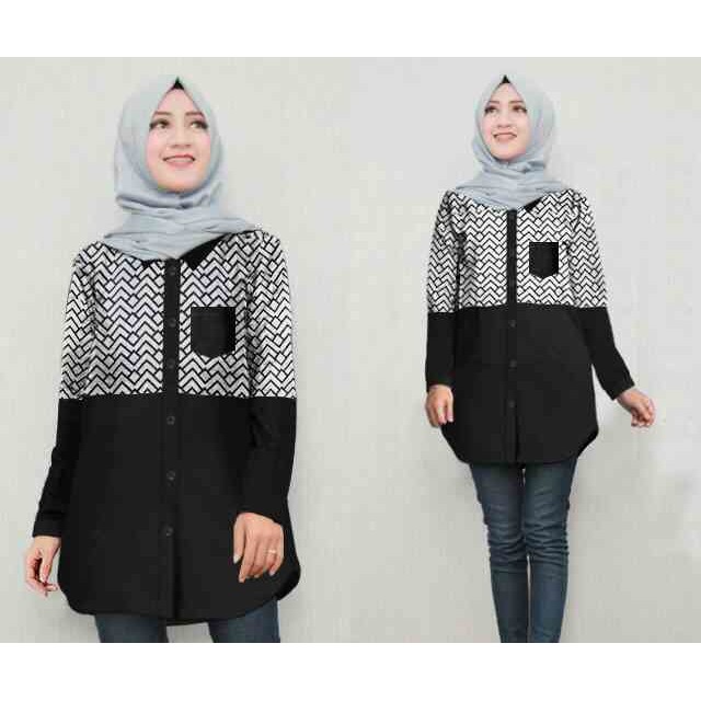 Baju Kemeja  wanita Tunik   bahan Katun rayon warna hitam Putih