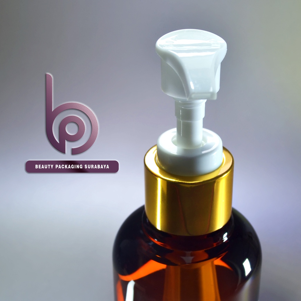 Botol plastik PET 250ml BR coklat amber tutup pump lotion gold