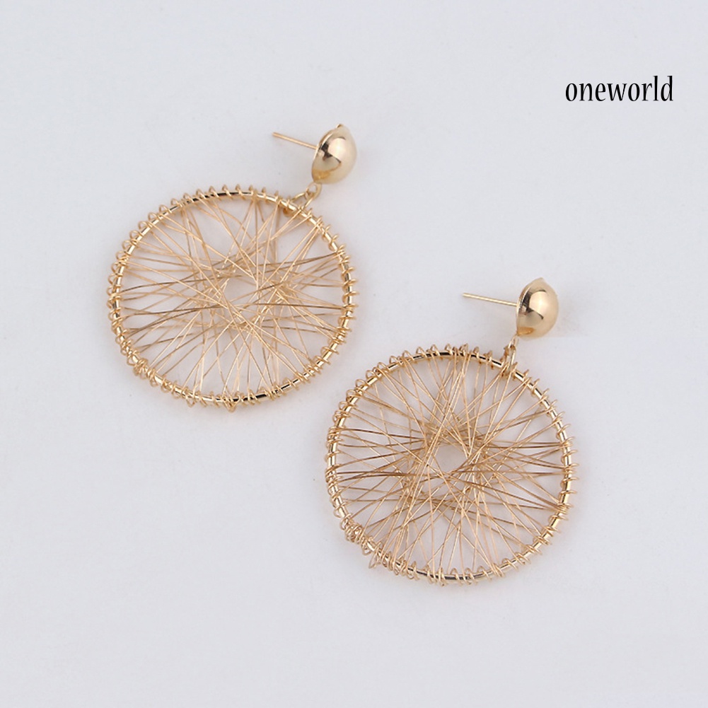 OW@ Women Fashion Geometric Circle Winding Thread Net Dangle Drop Earrings Jewelry