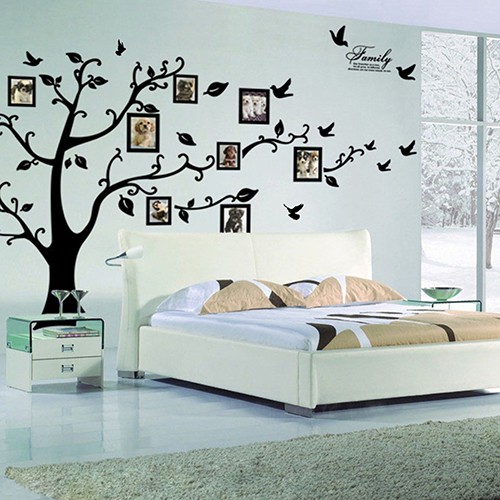 Stiker Dinding Decal Mural 3d Bentuk Pohon Burung Bahan Pvc Ukuran Besar U Bingkai Foto Keluarga