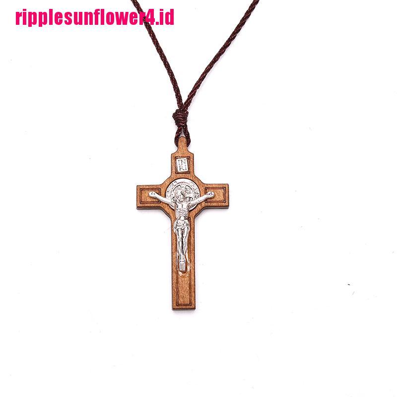 Kalung Liontin Salib Yesus Bahan Kayu Metal Gaya Retro