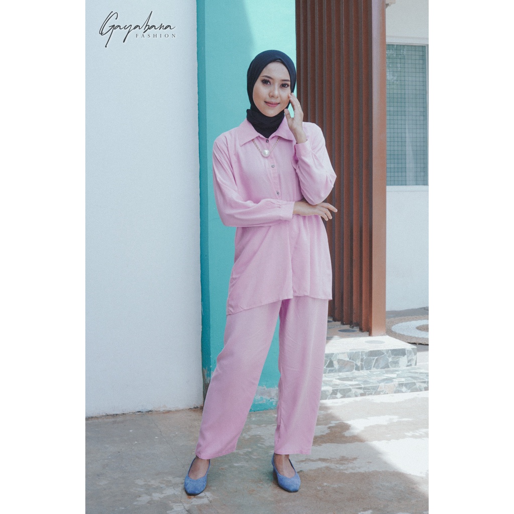 ONE SET MOTIF POLOS/ SETELAN RAYON VISCOSE MOTIF POLOS/SETCEL KEKINIAN/SETELAN WANITA TERBARU/DNILYA-PEACH