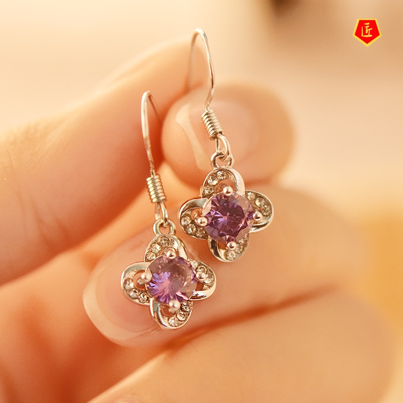 [Ready Stock]Elegant Personality Clover Purple Diamond Earrings for Women
