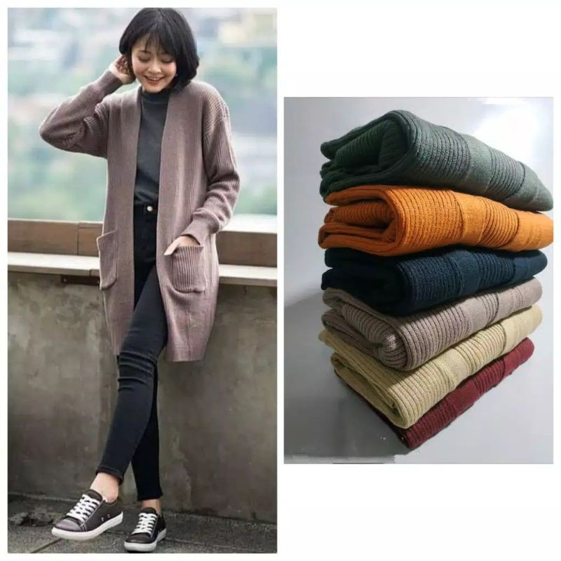 Cardigan panjang rajut dua saku all size