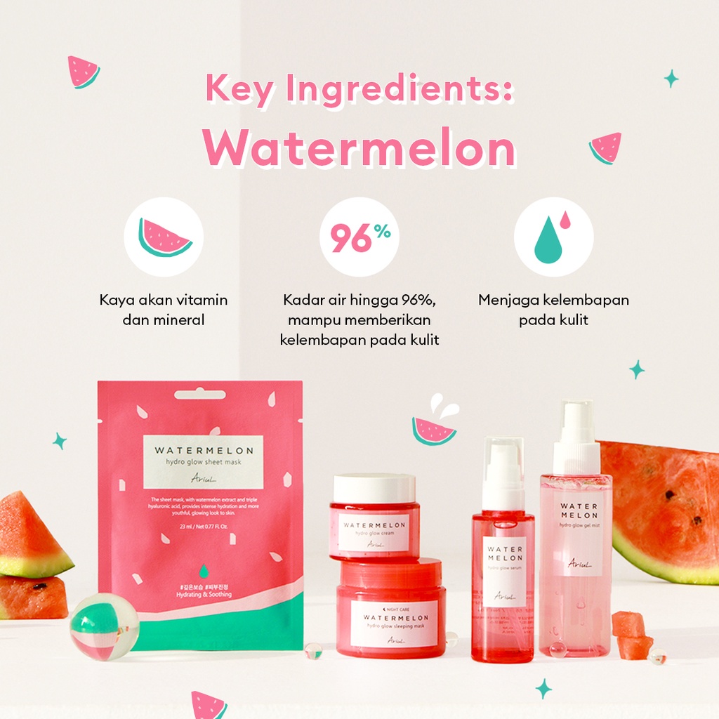 (Original BPOM) ARIUL Watermelon Hydro Glow Series - Mist Toner 120 ml / Serum 55 ml / Cream 55 ml &amp; 25 ml / Sleeping Mask 80 ml &amp; 25 ml / Sheet Mask - Kemasan Besar dan Travel Ariel Semangka Pink Krim Pagi Malam Siang Day Night