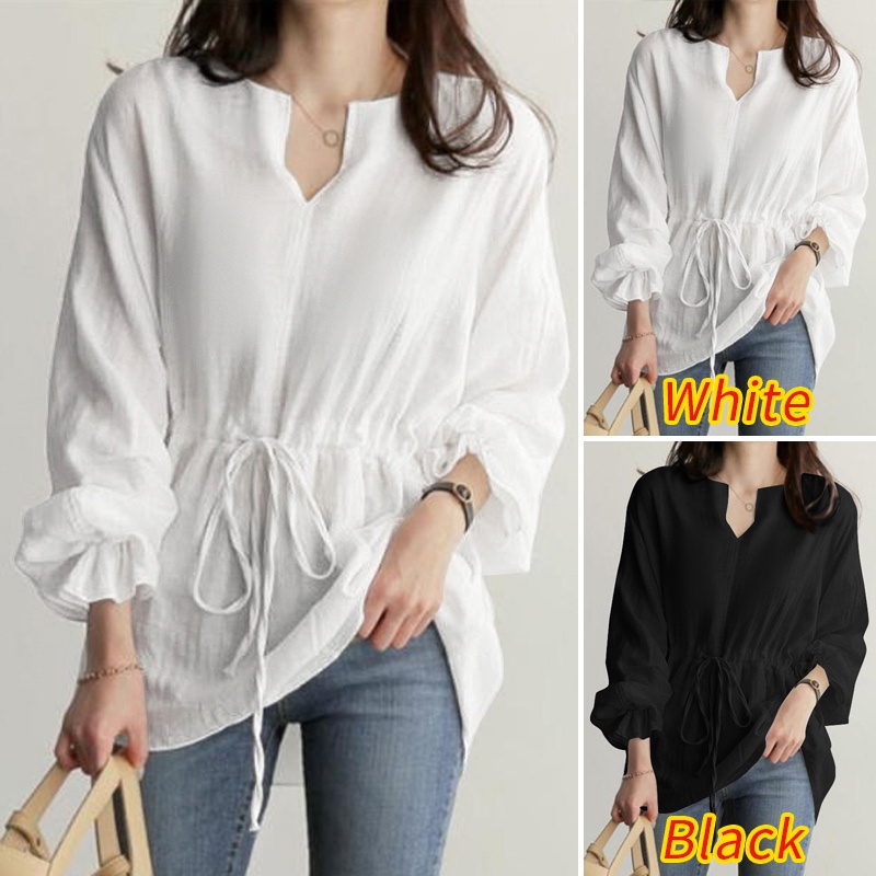 ZANZEA Women Drawstring Waist Long Puff Sleeve Loose Elastic Cuff Casual Blouse