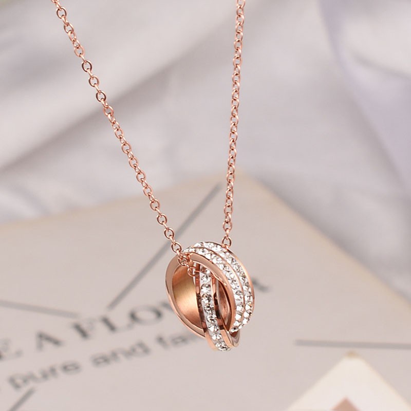 Kalung Double Ring Perak Sterling Full Berlian Rose Gold | Kalung Rosegold Kadar 18karat | Kalung Titanium Anti Karat | Kalung Titanium steel | Klavikula fashion Sederhana All-match