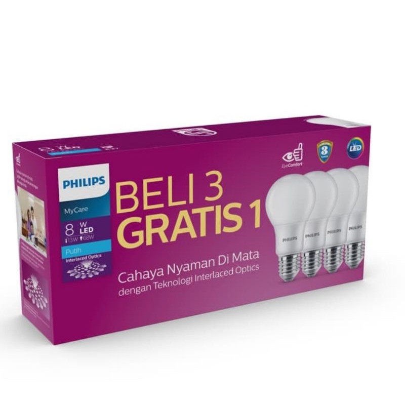 ( PAKET 3 GRATIS 1 ) PHILIPS LAMPU LED MYCARE 8 Watt , 10 Watt , 12 Watt PUTIH Interlaced Optik