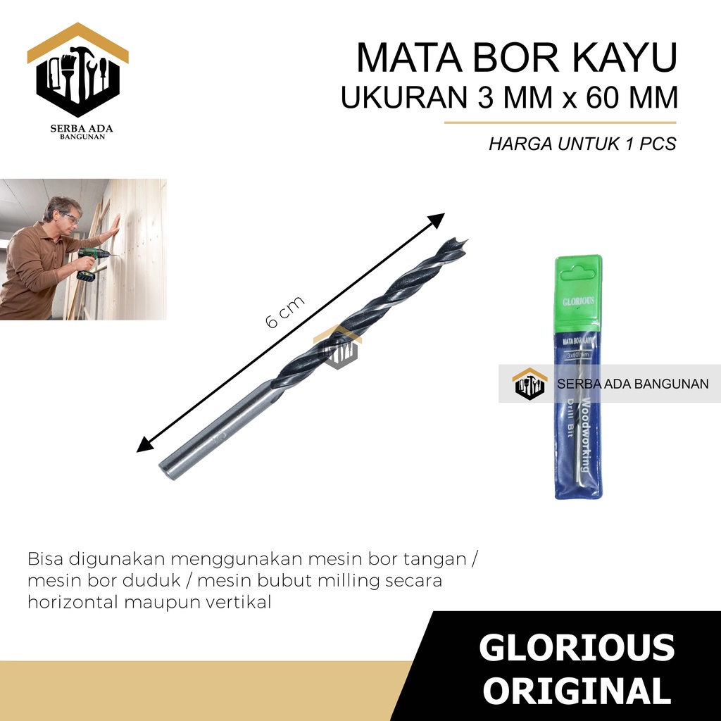 Mata Bor Kayu Glorious 3mm 4mm 5mm 6mm 8mm 10mm 12mm Termurah