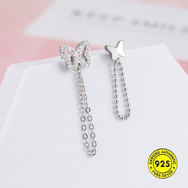 Anting Stud Desain Kupu-Kupu Asimetris Aksen Berlian Imitasi Bahan S925 Sterling Silver Tahan Air Untuk Wanita