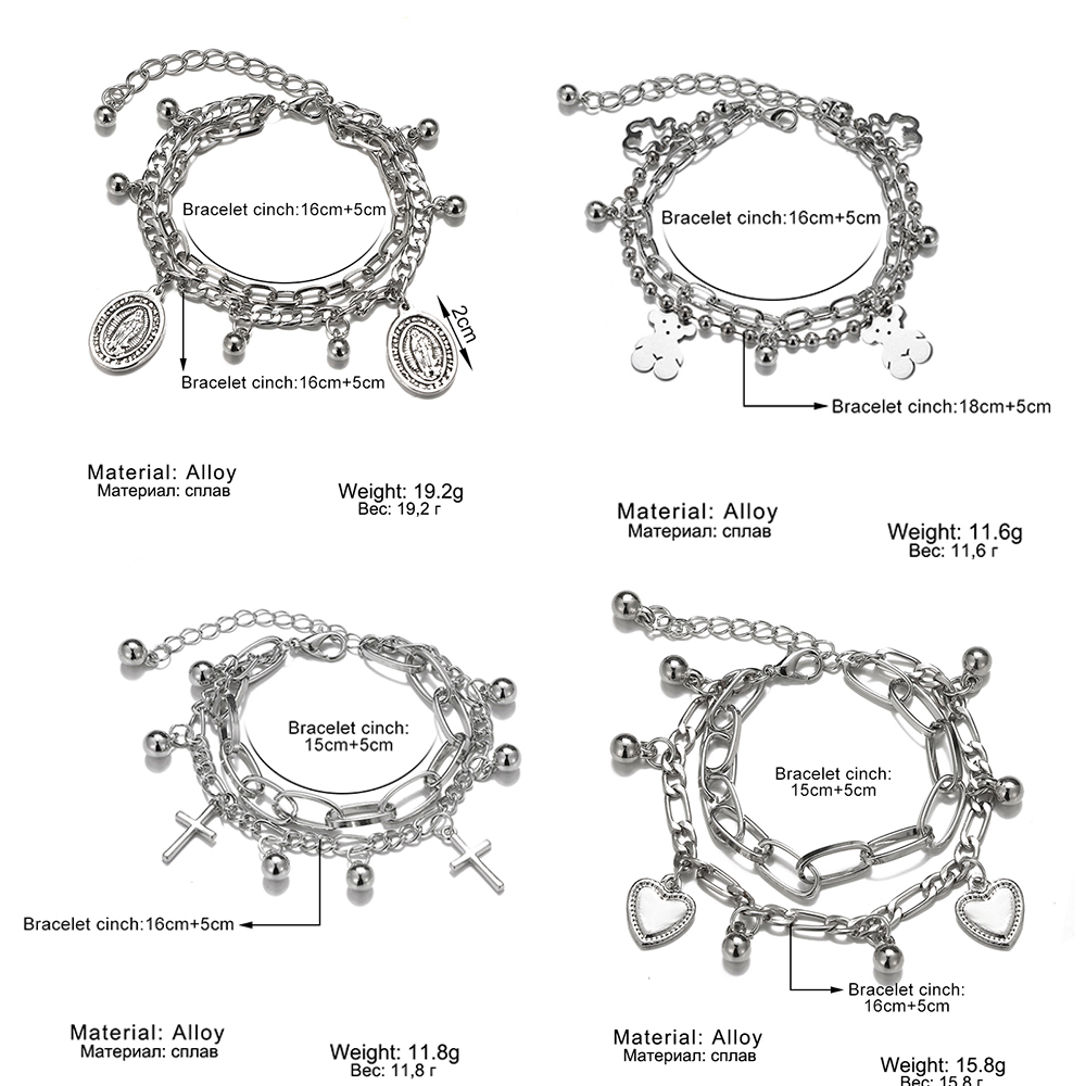 Gelang Rantai Tebal Liontin Salib Hati Beruang Bahan Logam Warna Silver Gaya Punk Untuk Wanita