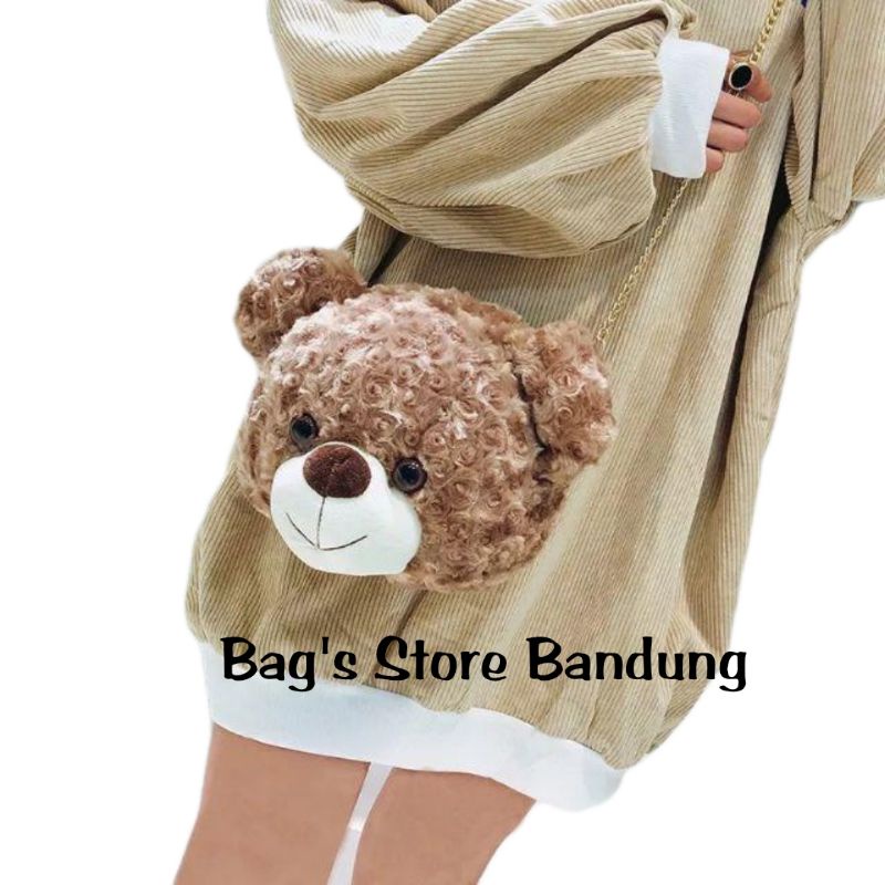 Tas Boneka Kepala Teddy Bear / Tas Selempang Bulu