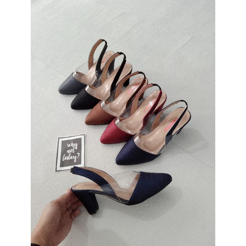 LOUISDEAR Sendal heel tapak tahu 7 cm bahan satin transparant TB P37