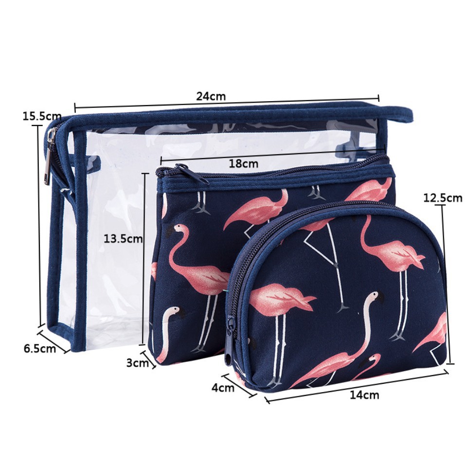 Adda Home - Set 3 - Tas Kosmetik Skincare Multifungsi Travel Organizer PVC Waterproof Motif Flamingo