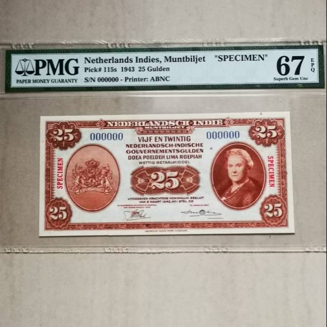 Uang kuno 25 NICA 1943 SPECIMEN seri 000000. PMG 67. Langka.