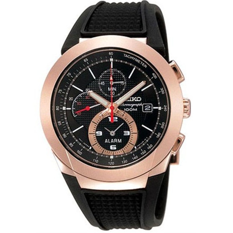 Seiko Chronograph Jam Tangan Pria - Hitam Rose Gold - Rubber Strap - SNAB50 SNAB50P1