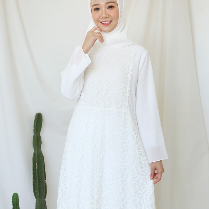 PREMIUM GAMIS BRUKAT IMPOR PUTIH / BAJU MUSLIM / DRESS MUSLIM PUTIH #9608 - PUTIH TULANG, M