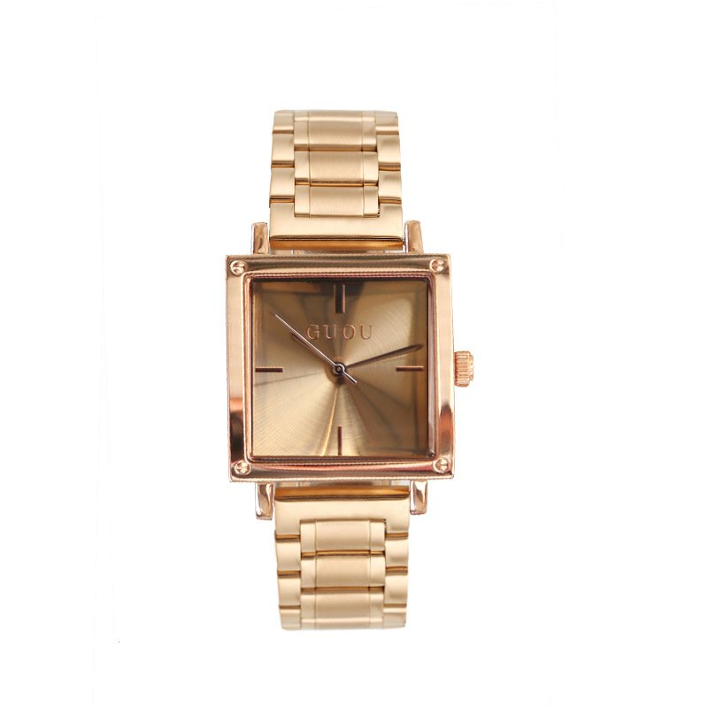 【Factory Outlet】GUOU Watch Square Fashion Sederhana Sabuk Baja Jam Tangan Wanita Grosir Empat Skala Tahan Air Quartz