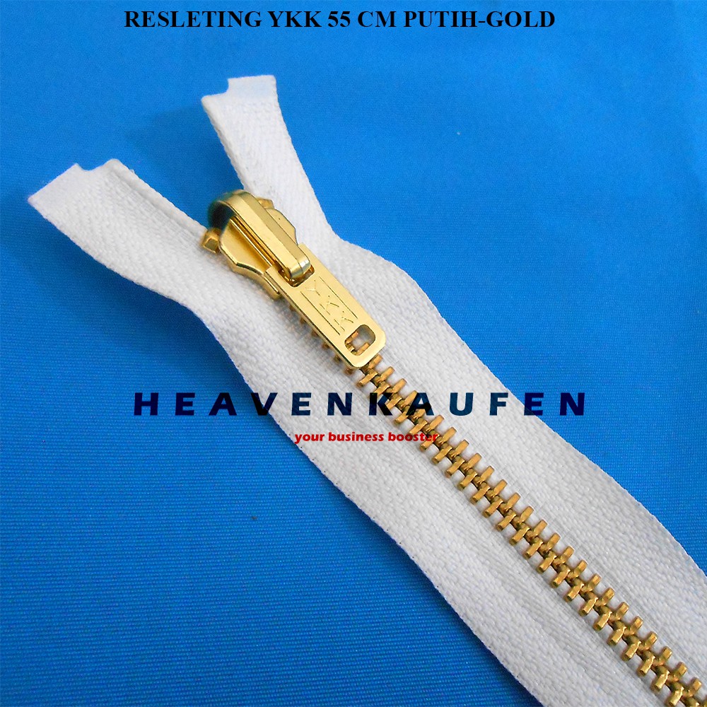 Resleting Zipper YKK Gigi Besi 55 cm / 22 inch Warna Putih - Gold Emas Open End Bolak Balik