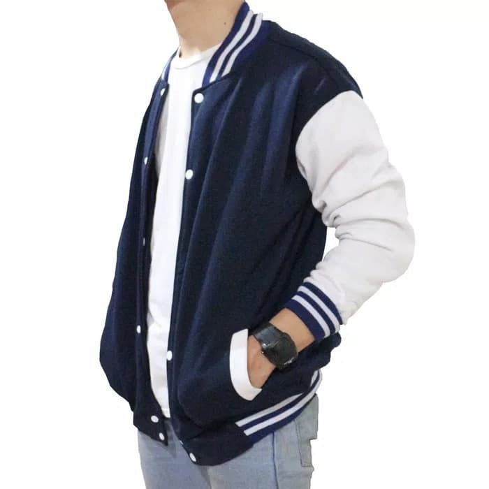 Jaket Baseball Polos Bahan Tebal pria wanita | Jaket baseball varsity-nevi putih